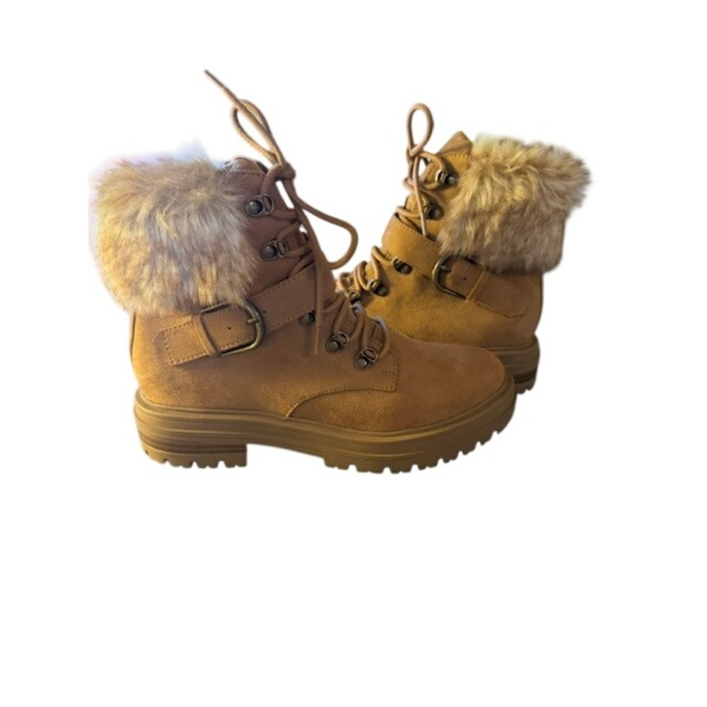 Sun + Stone Orlenaaf Tan Faux Fur Trim Combat Boots Womens 5.5 M